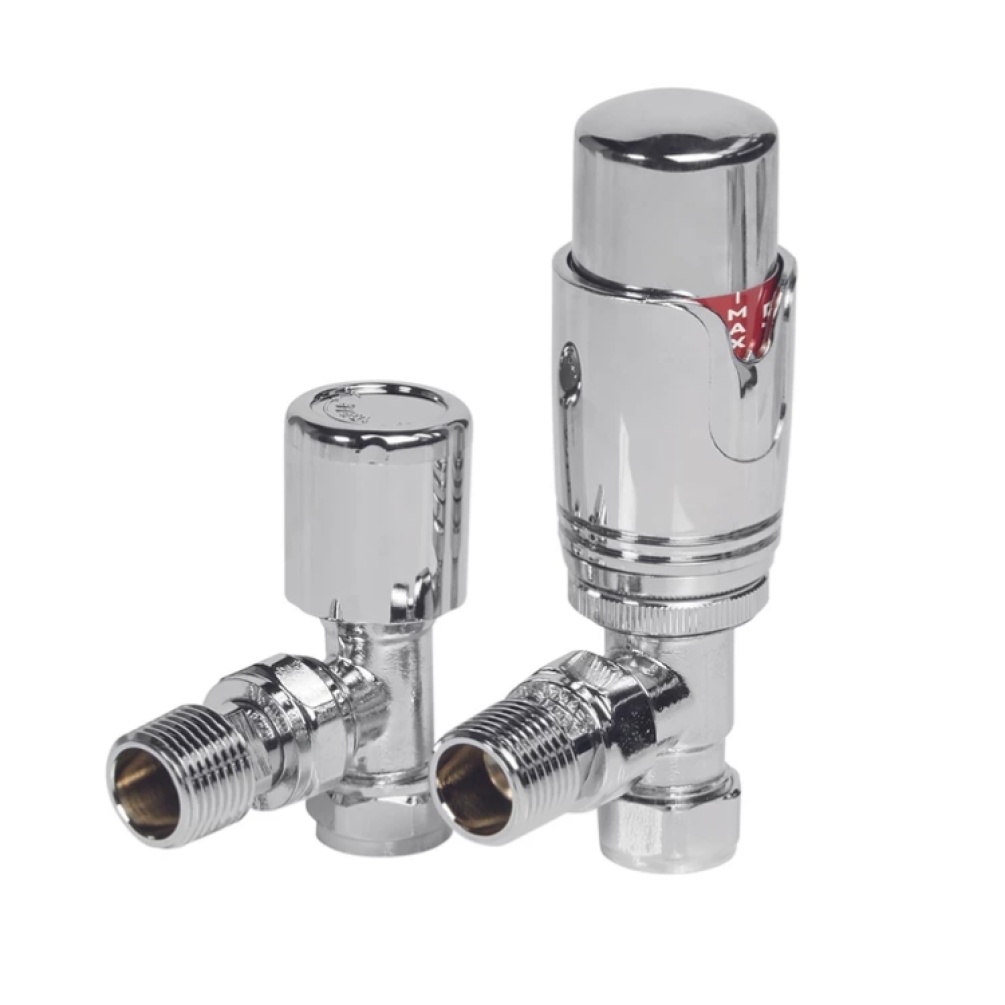 Product Cut out image of the Redroom by Barwick Chrome Angled 15mm Round Thermosatic Radiator Valve